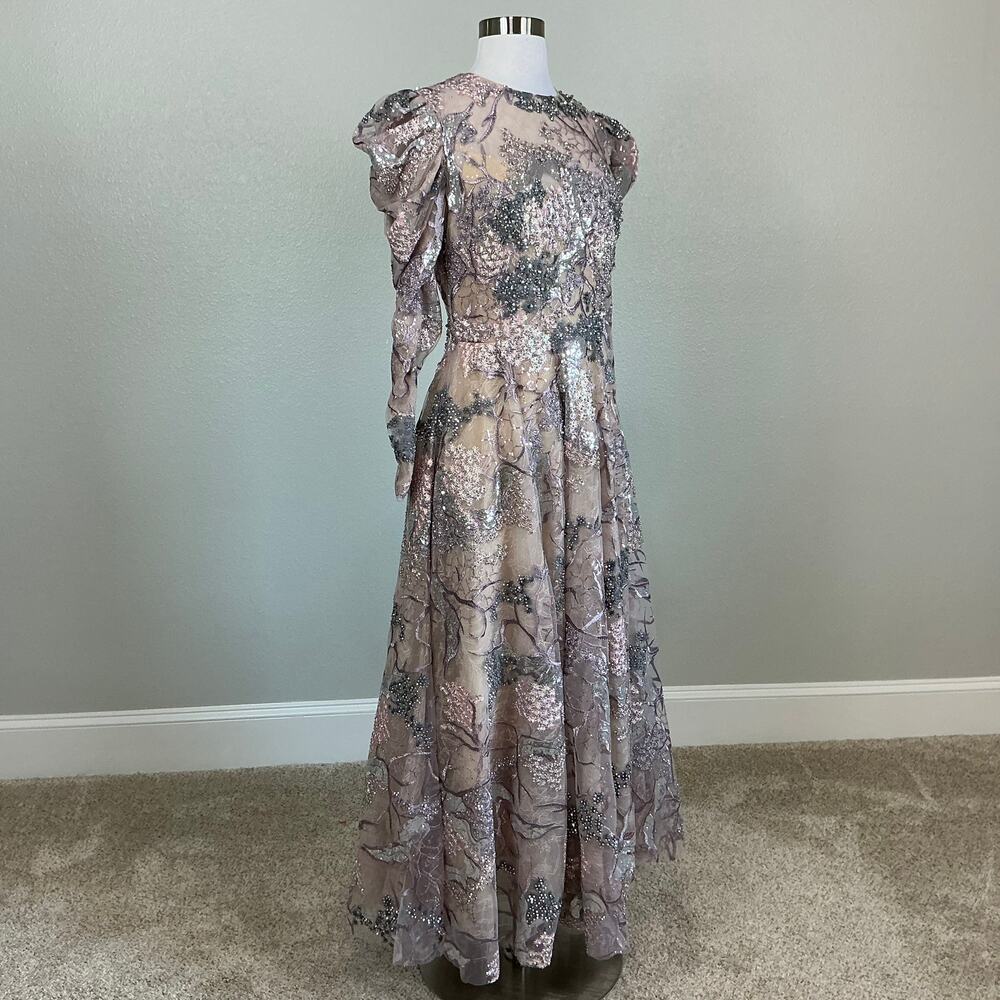 Mac Duggal 20326 Taupe Evening Gown Beaded Lace Long Sleeve Formal Dress Size 8 - Picture 3 of 13